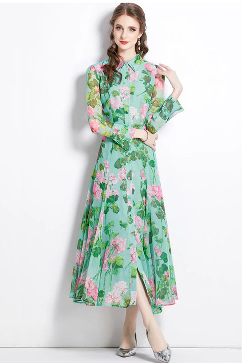 Vintage Green Alluring Floral Printed, Collared, Long Sleeve, Big Swing, Pleated Office, Party, Evening Maxi Dress